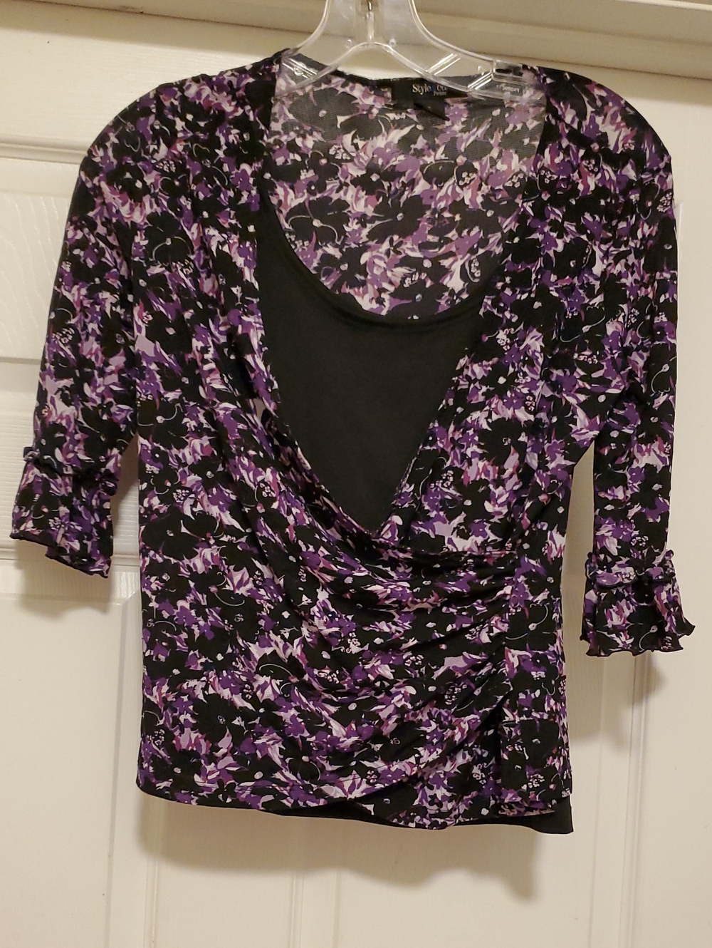 Style & Co. Black and Purple Floral Surplice Blouse